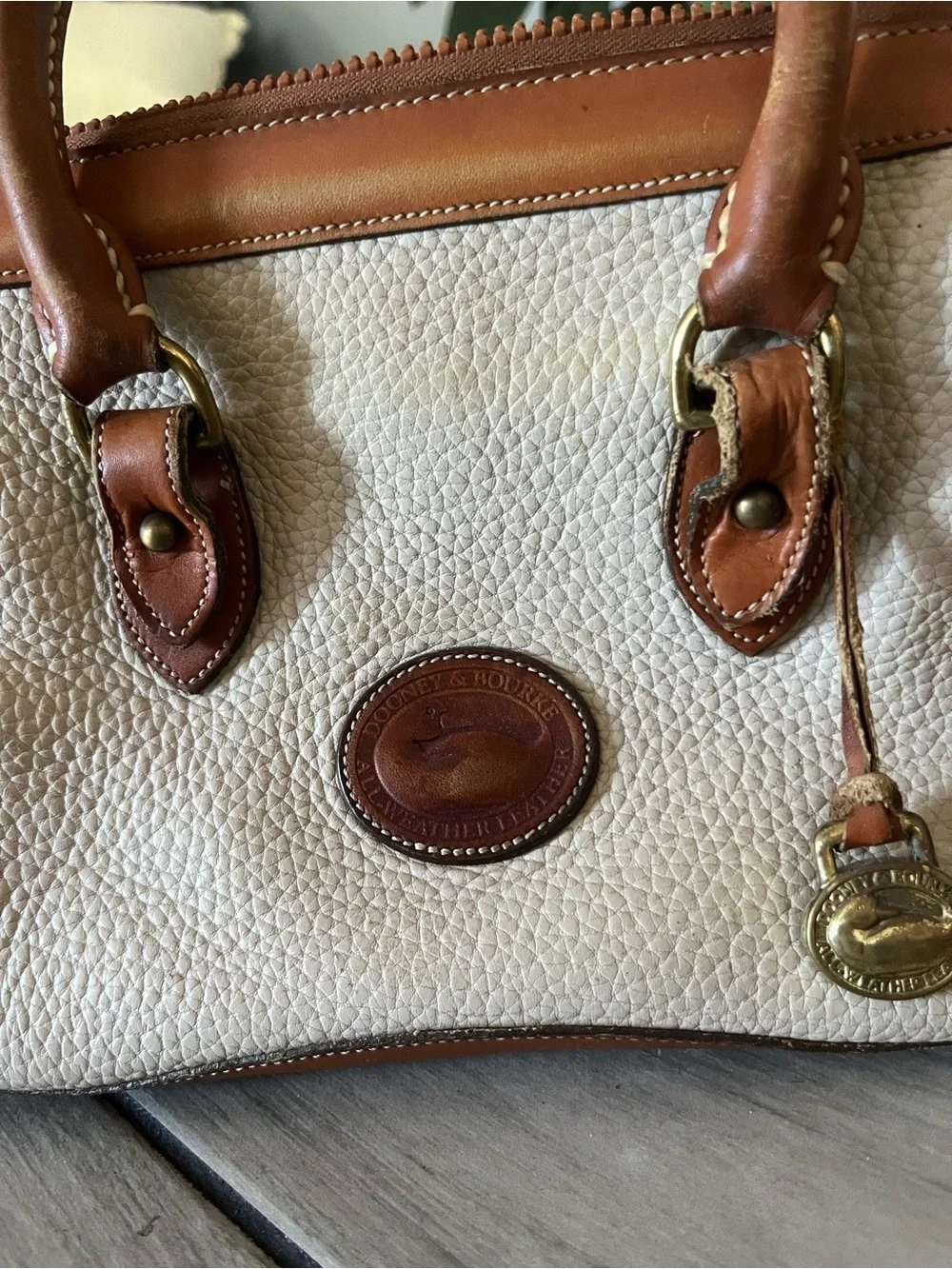 Dooney & Bourke Cream Pebbled Leather Satchel with Brown Trim